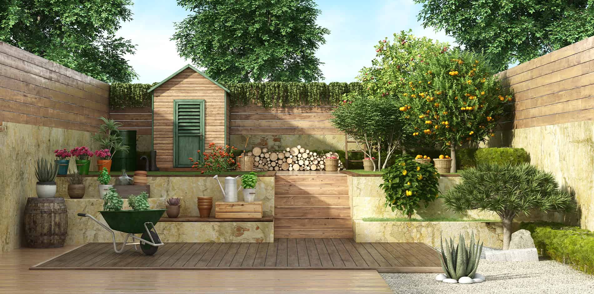 Wunderschön gestalteter Garten von BR Montage mit Gartenhäuschen, Obstbäumen und einer Schubkarre auf Holzboden
